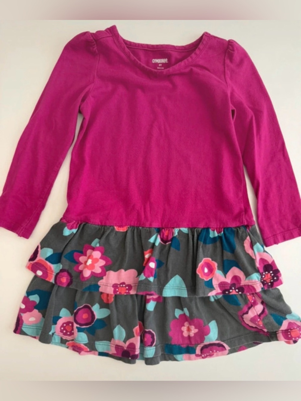Gymboree 3T Magenta Long-Sleeve Dress with Floral Tiered Skirt